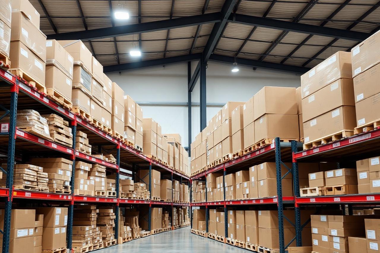Warehouse shelves stocked with cardboard boxes.